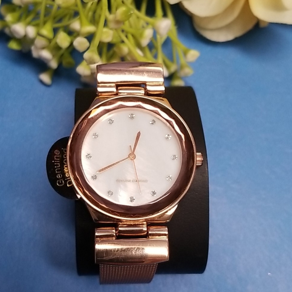 Rose gold fashion watch w/genuine diamond accents